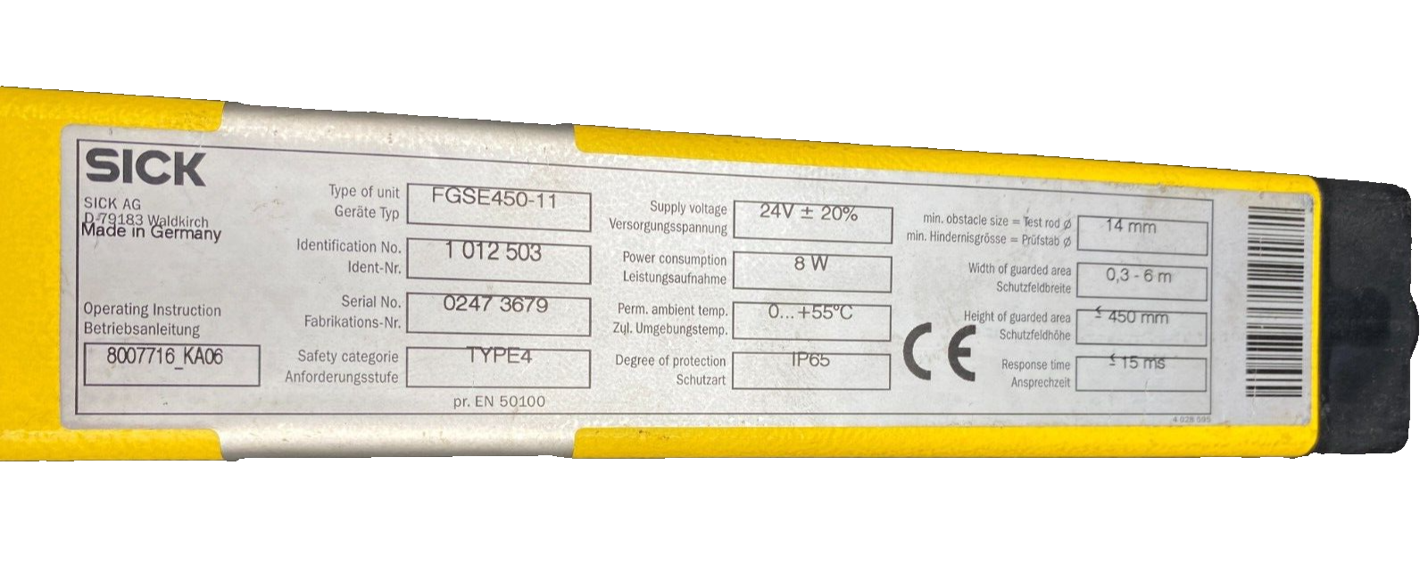SICK 14-FGS FGSE450-11 1012503 LIGHT CURTAIN RECEIVER