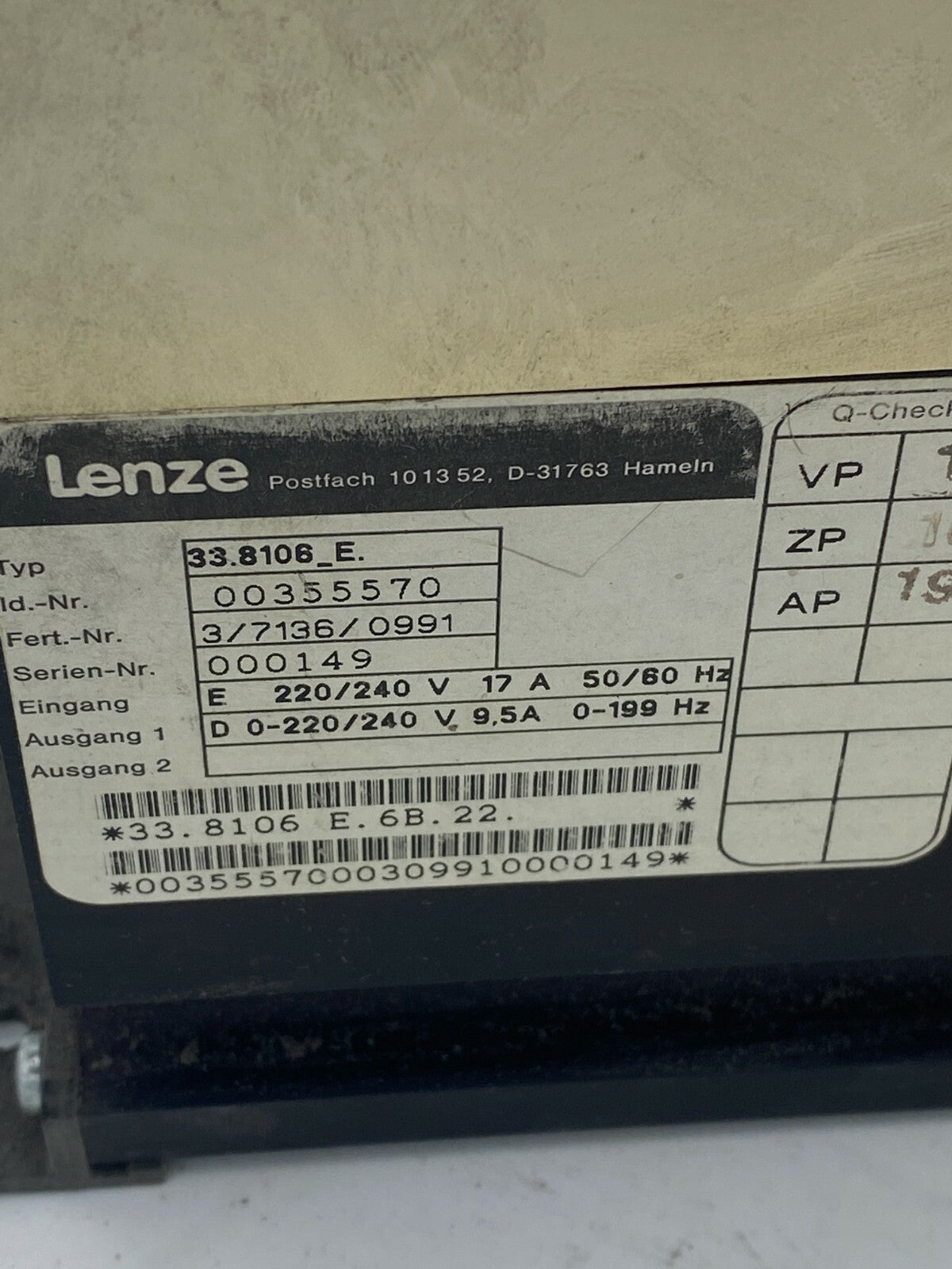 LENZE - 33.8106 - E / Variateur de fréquence - KLR Automation