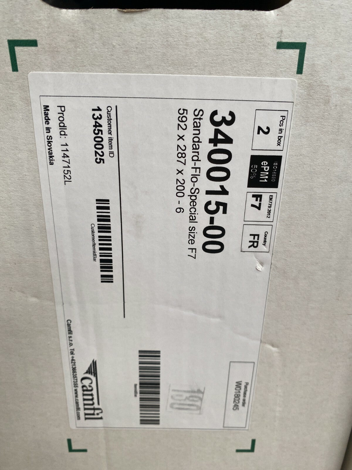 1 lot de 2pc x Camfil Standard - Flo - Special size F7 592x287x200 13450025 - KLR Automation