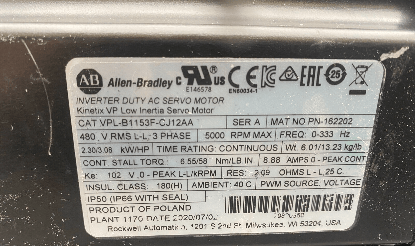 ALLEN BRADLEY VPL - B1153F - CJ12AA SERIE A 3 PHASE 5000 RPM AC SERVO MOTOR KINETIX - KLR Automation