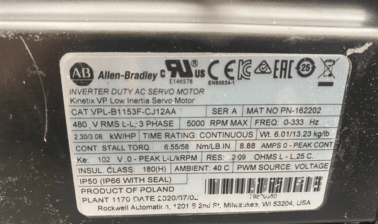 ALLEN BRADLEY VPL - B1153F - CJ12AA SERIE A 3 PHASE 5000 RPM AC SERVO MOTOR KINETIX - KLR Automation