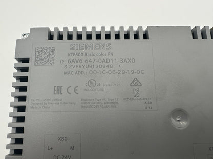 SIEMENS 6AV6647-0AD11-3AX0 SIMATIC PANEL TOUCH KTP600 BASIC COLOR PN