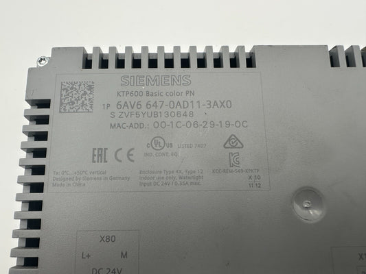 SIEMENS 6AV6647-0AD11-3AX0 SIMATIC PANEL TOUCH KTP600 BASIC COLOR PN