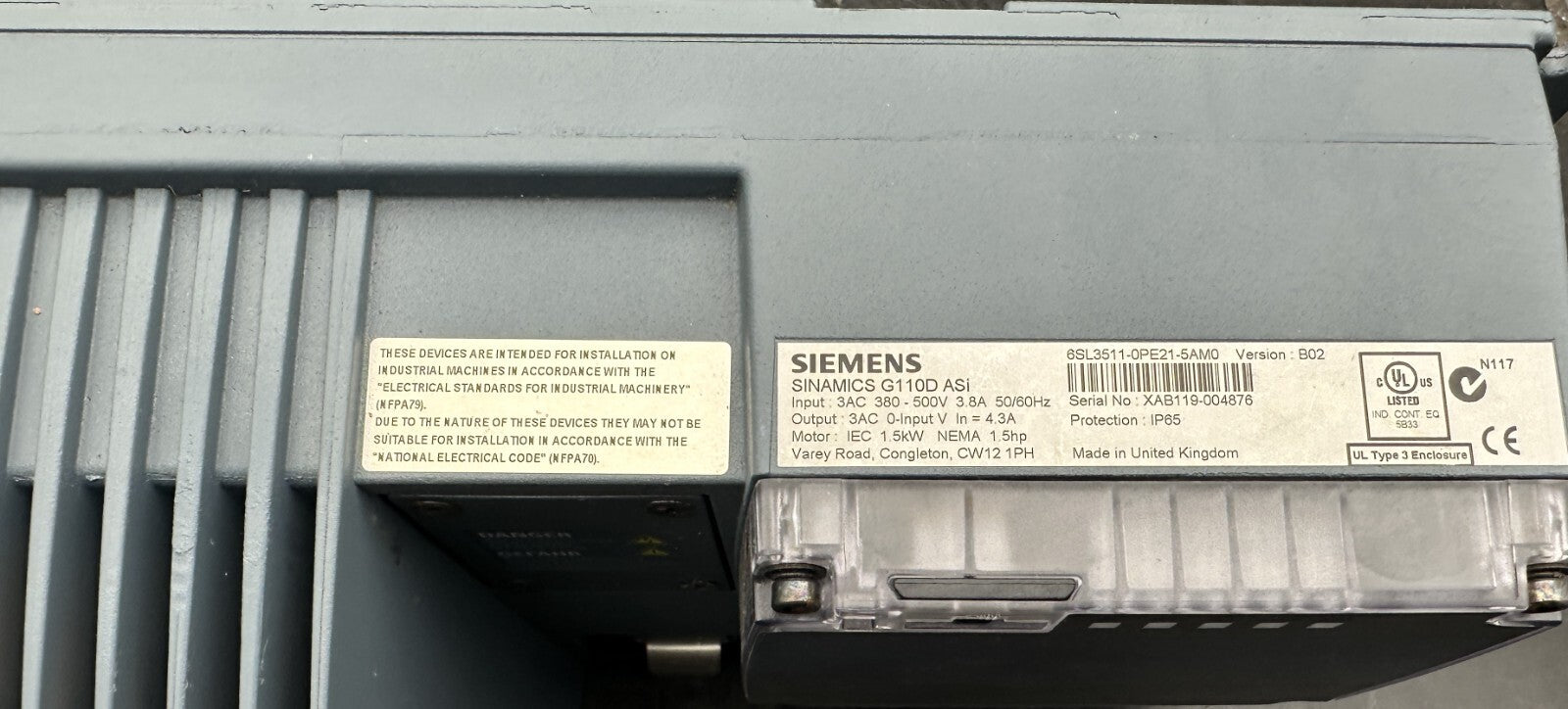 SIEMENS 6SL3511 - 0PE21 - 5AM0 SINAMICS G110D ASI VERSION B02 - KLR Automation