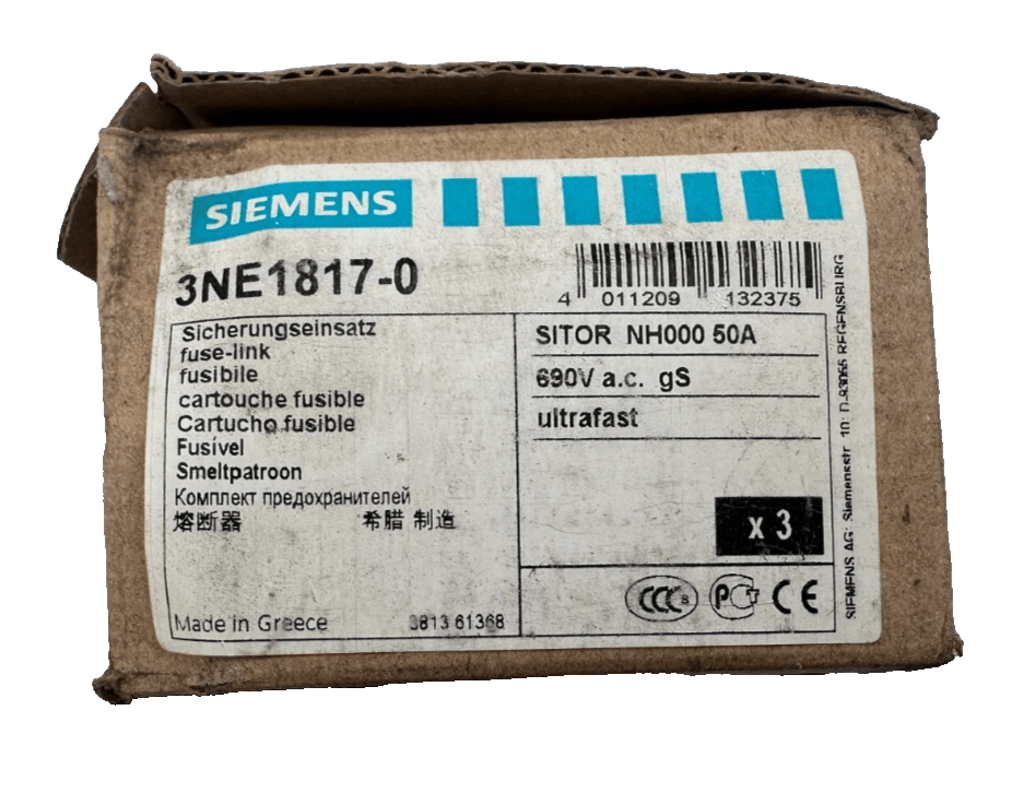 SIEMENS 3NE1817 - 0 SITOR NH000 50A 690VAC CARTOUCHE FUSIBLE x3pc - KLR Automation