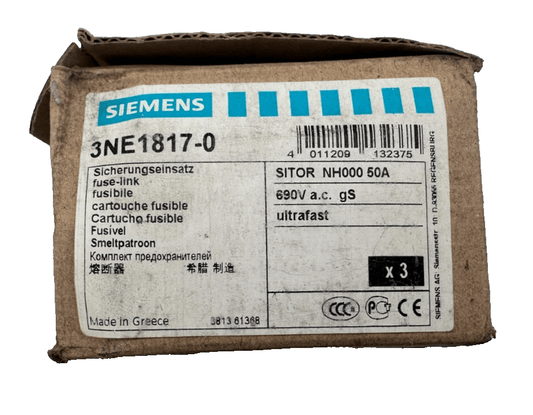 SIEMENS 3NE1817 - 0 SITOR NH000 50A 690VAC CARTOUCHE FUSIBLE x3pc - KLR Automation