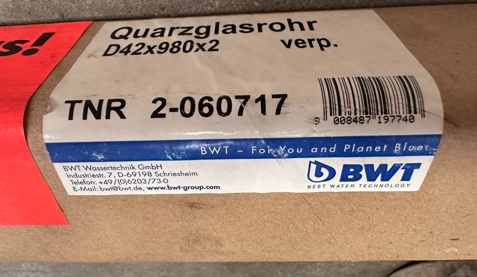 BWT TNR 2-060717 TUBE EN VERRE DE QUARTZ D42x980x2