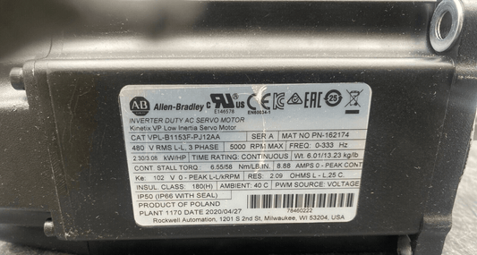 ALLEN BRADLEY VPL - B1153F - PJ12AA SERIE A 3 PHASE 5000 RPM AC SERVO MOTOR KINETIX - KLR Automation