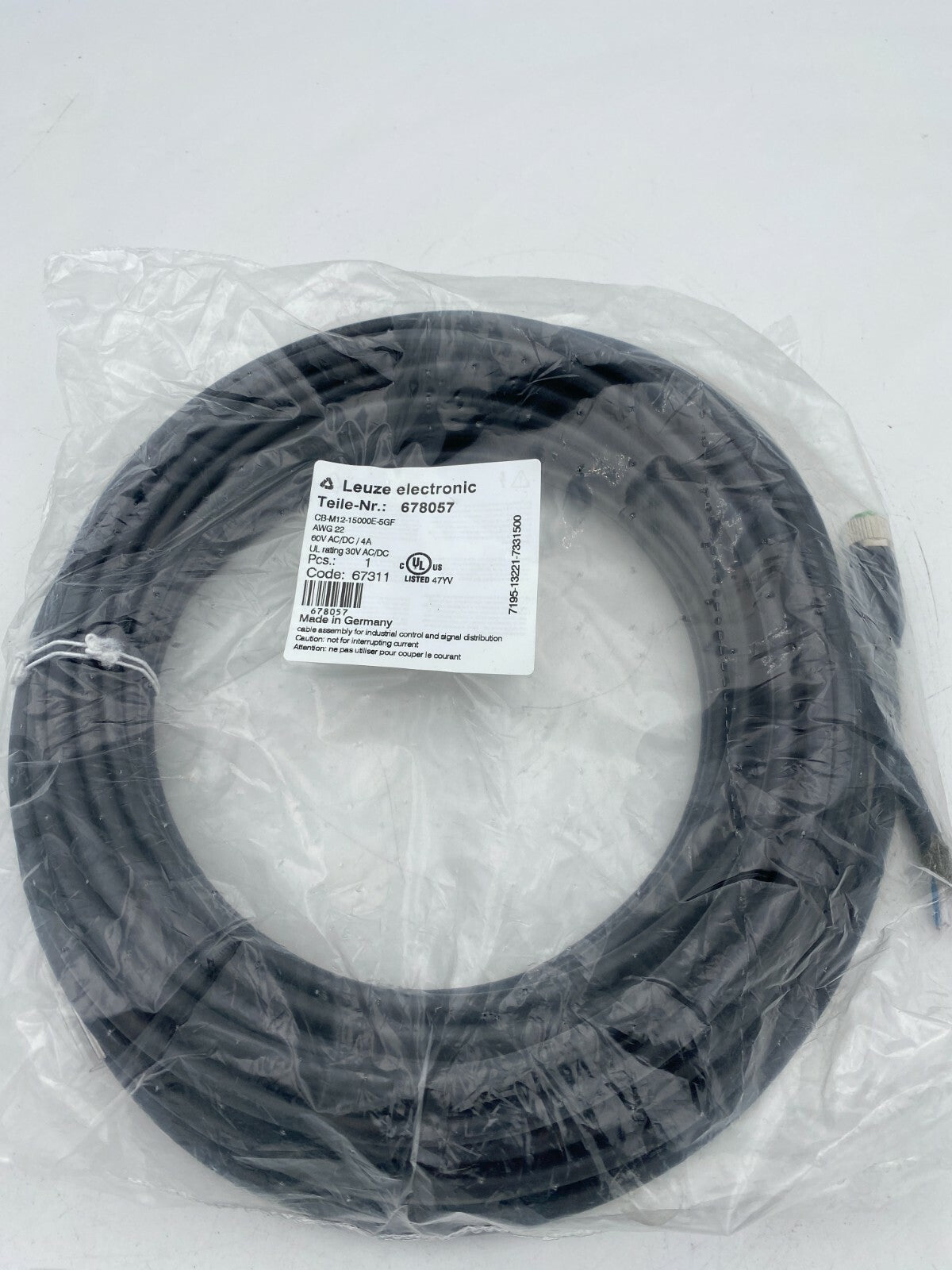 678057 LEUZE CONNECTOR CABLE, M12, FEMALE, STRAIGHT, 5 PIN, A CODED, 15M PUR CAB