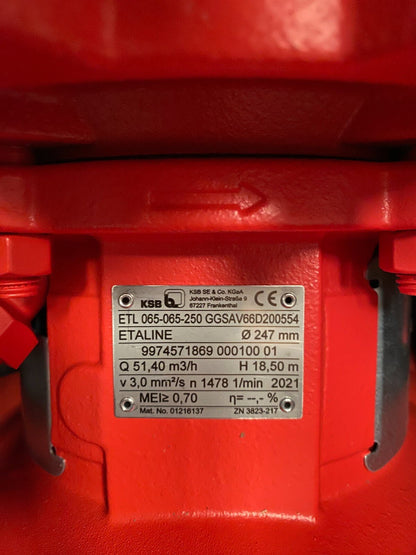 KSB ETL 065 - 065 - 250 GGSAV66D200554 ETALINE 247mm 51.40m3/h H 18.50m NEW IN BOX - KLR Automation