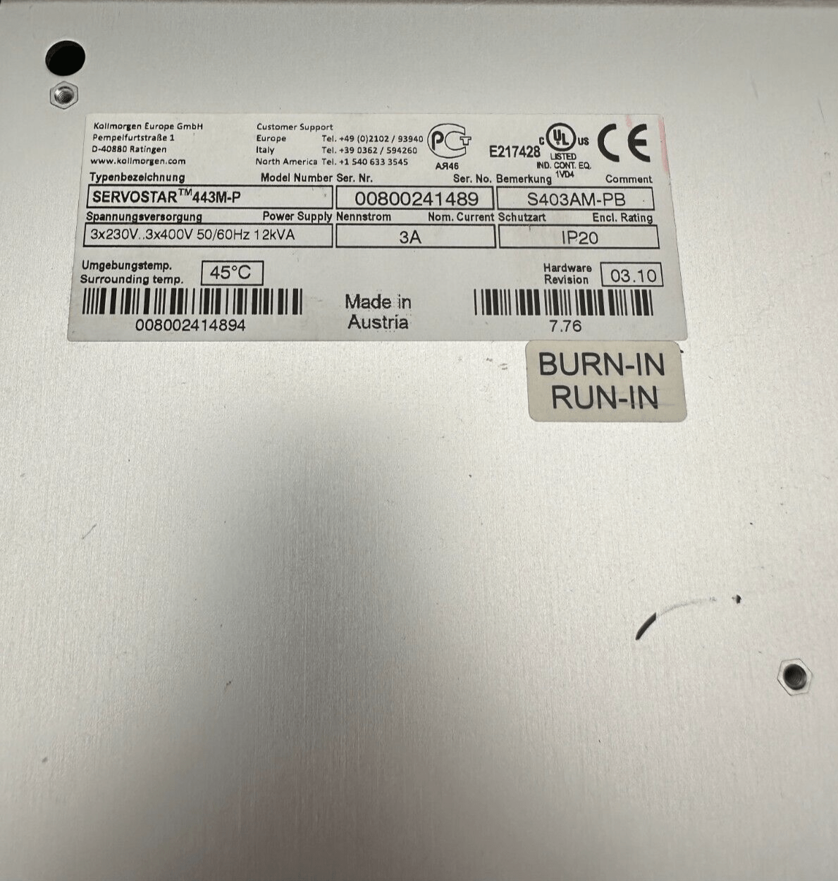 KOLLMORGEN SERVOSTAR 400 - M S403AM - PB FW 7.76 443M - P SERVO AMPLIFICATEUR - KLR Automation
