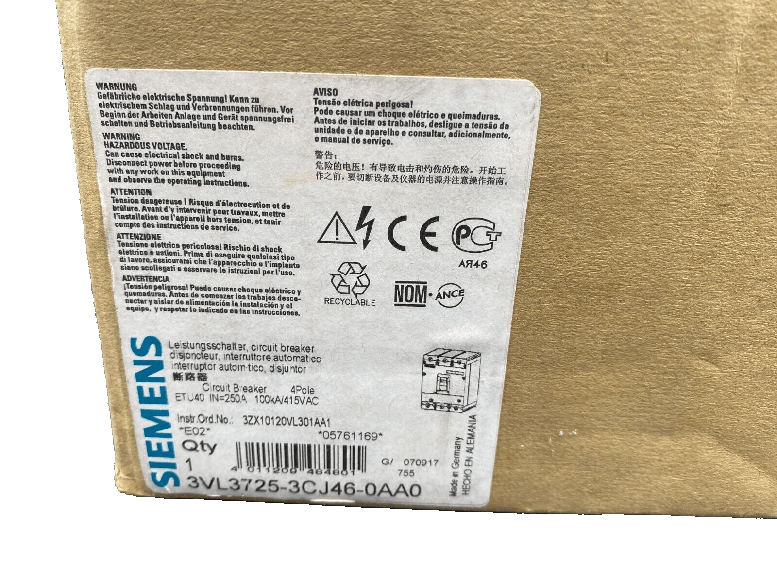 SIEMENS 3VL3725 - 3CJ46 - 0AA0 VL250 DECLENCHEUR MAGNETOTHERMIQUE - KLR Automation