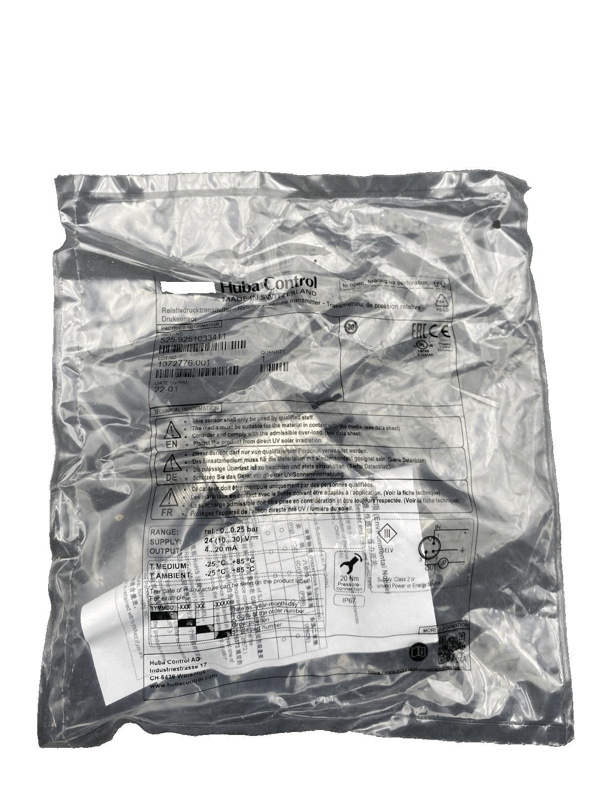 1pc x HUBA CONTROL 525.9251033411 TRANSMETTEUR DE PRESSION RELATIVE - KLR Automation