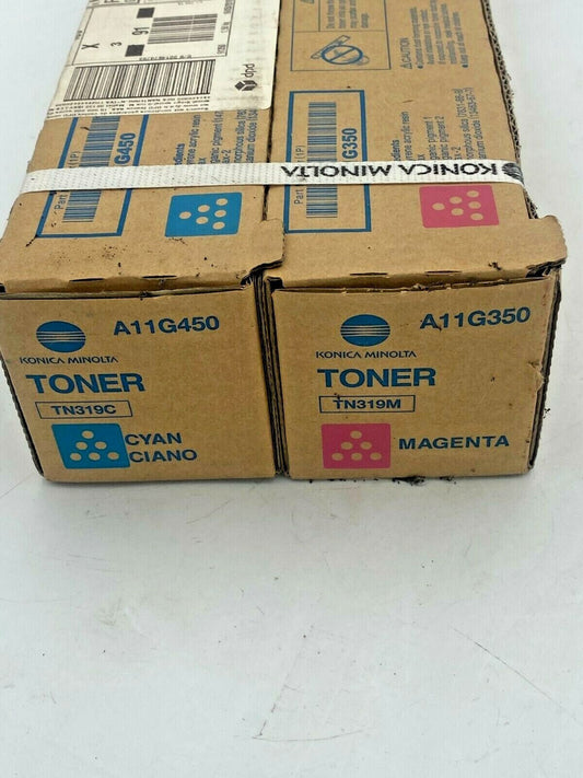 Konica Minolta C360 TN319C + TN319M Cyan Magenta Toner Cartridge A11G450 GENUINE - KLR Automation