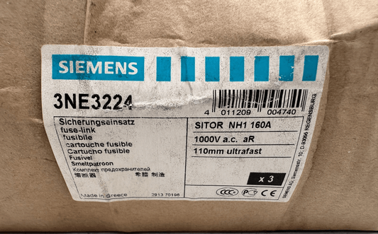 SIEMENS 3NE3224 SITOR NH1 160A 1000 VAC CARTOUCHE FUSIBLE x3pc - KLR Automation