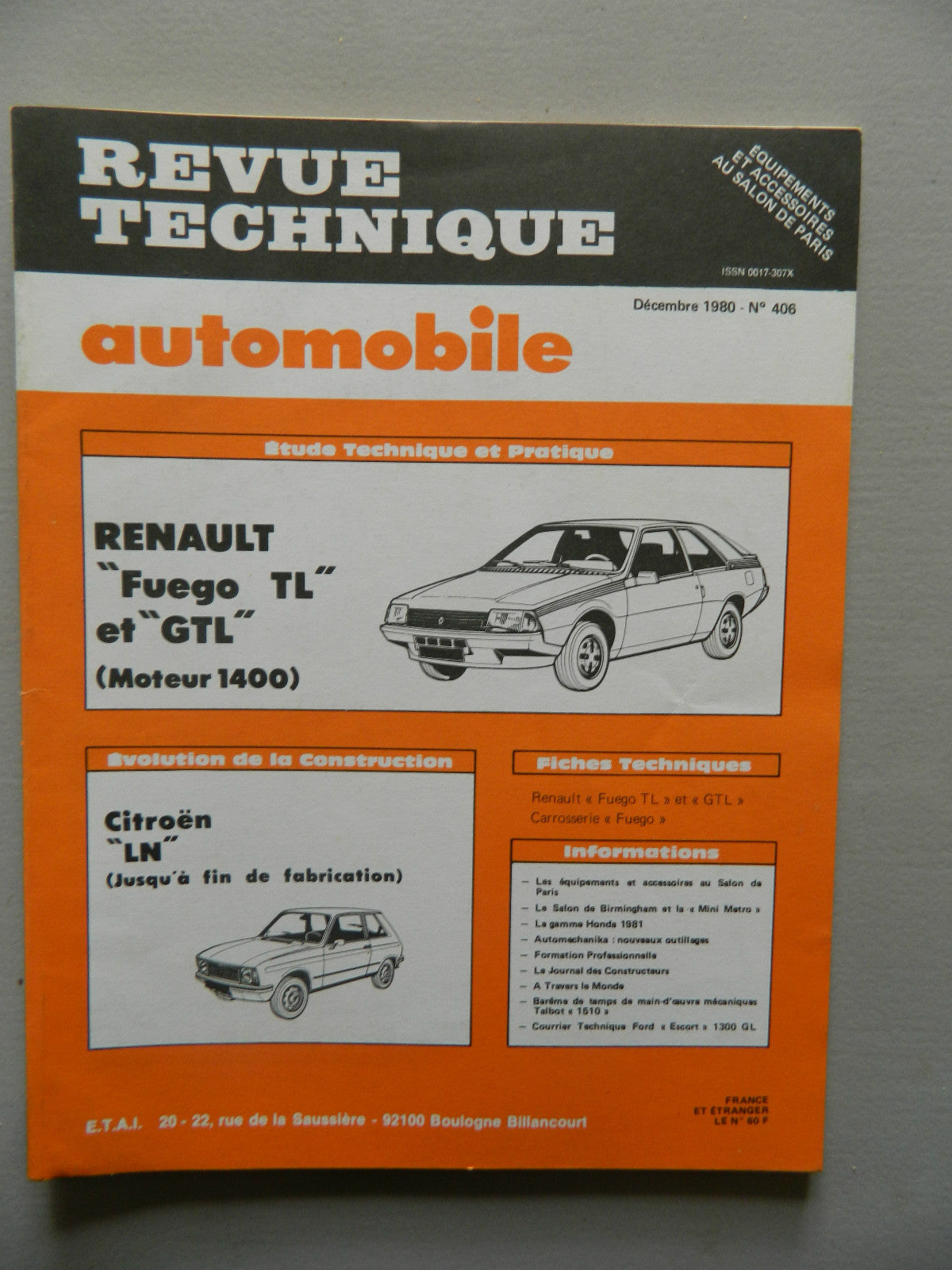 RTA revue technique automobile comme neuf  n 406 Renault "Fuego" TL - GTL