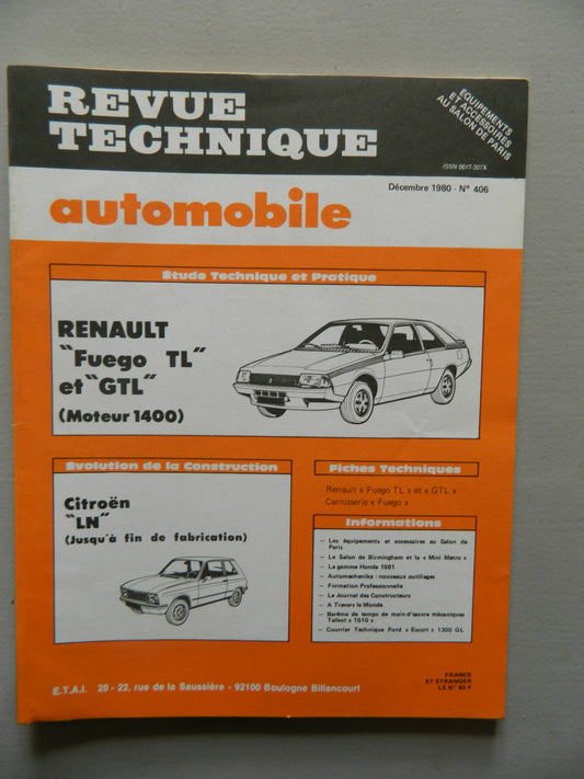 RTA revue technique automobile comme neuf  n 406 Renault "Fuego" TL - GTL