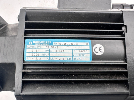 BAUMULLER DS 56 - S 1.4 kW 3000/min 7.3A 3.8 Nm SERVOMOTOR - KLR Automation