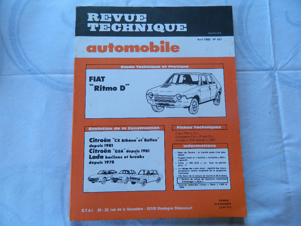 RTA revue technique automobile etat comme neuf FIAT RITMA D   n  421