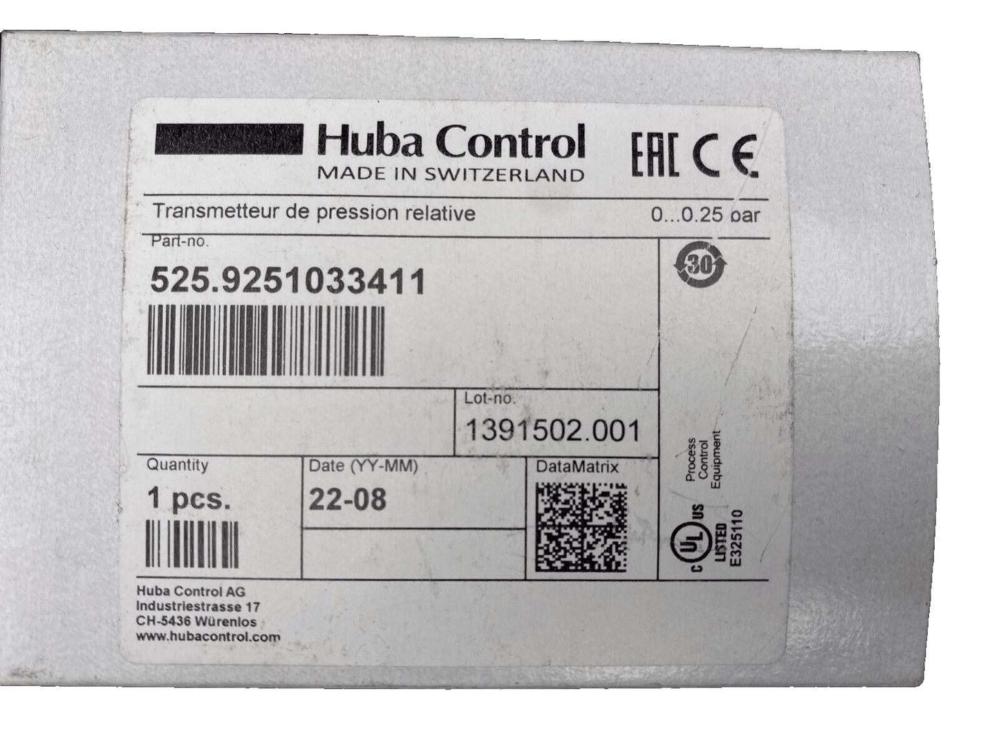 1pc x HUBA CONTROL 525.9251033411 TRANSMETTEUR DE PRESSION RELATIVE - KLR Automation