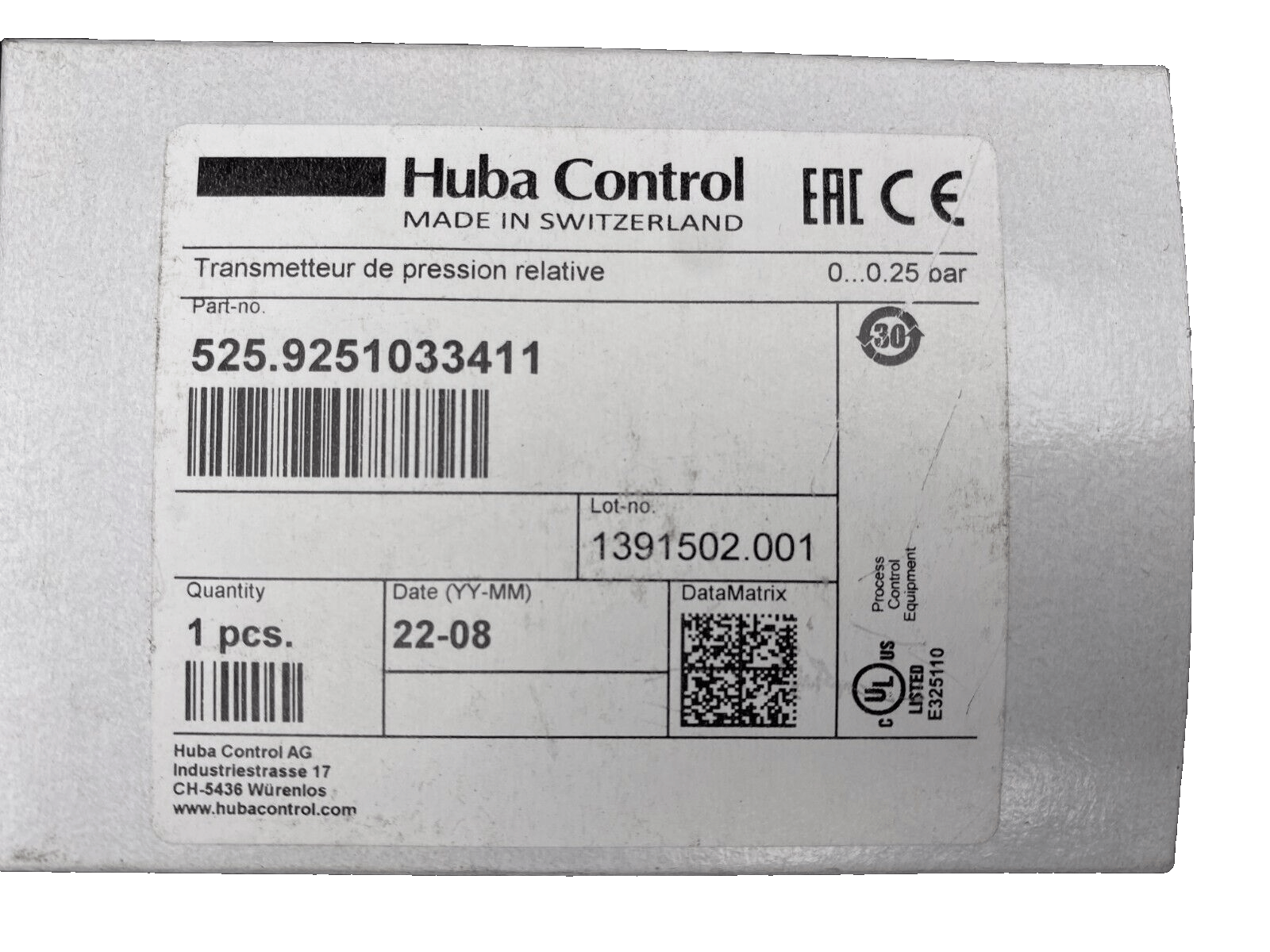 1pc x HUBA CONTROL 525.9251033411 TRANSMETTEUR DE PRESSION RELATIVE - KLR Automation