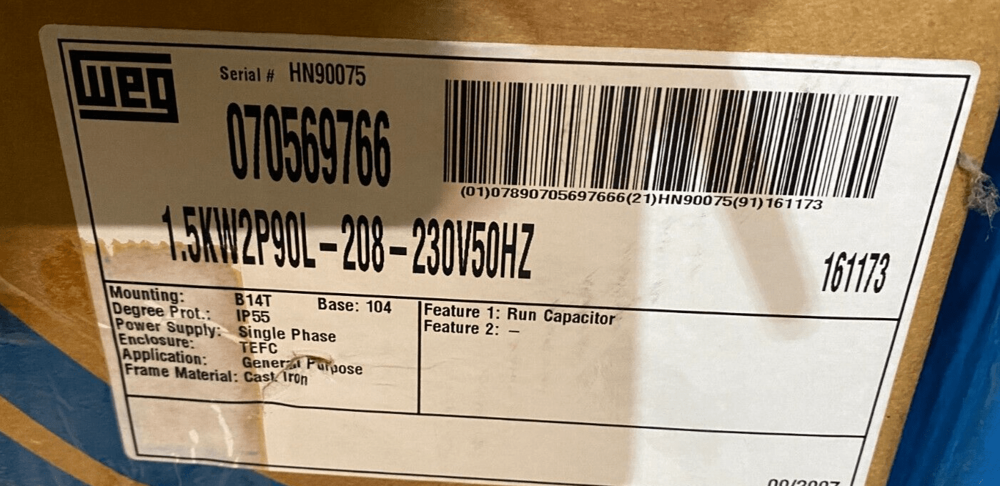 WEG 070569766 161173 1.5kW 2P 90L 208 - 230V 50Hz B14T MOUNTING - KLR Automation