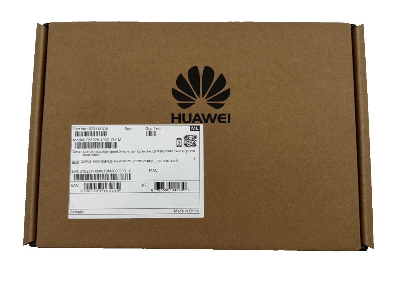 HUAWEI QSFP28 - 100G - CU1M 02311KNW QSFP 100G HIGH SPEDD DIRECT - ATTACH CABLES 1M x1 - KLR Automation