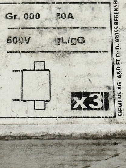 3 pce x SIEMENS CARTOUCHE FUSIBLE 3NA3 824 80A / 500v