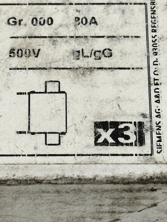 3 pce x SIEMENS CARTOUCHE FUSIBLE 3NA3 824 80A / 500v