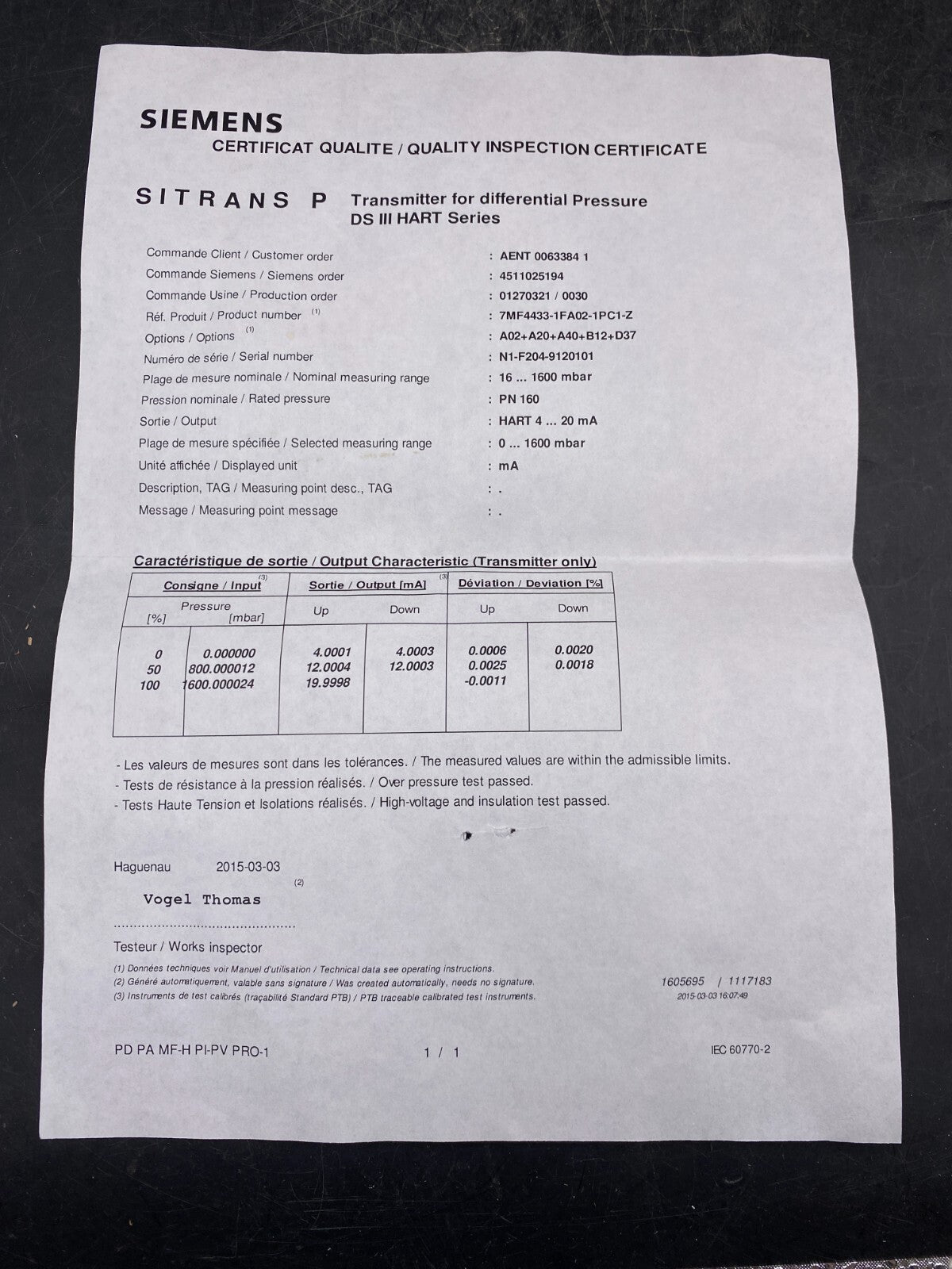 SIEMENS SITRANS P DSIII DIFFERENTIAL PRESSURE 7MF44331FA021PC1-Z 7MF4433