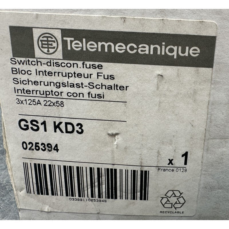 TELEMECANIQUE GS1 KD3 025394 BLOC INTERRUPTEUR FUSIBLE 3x125A
