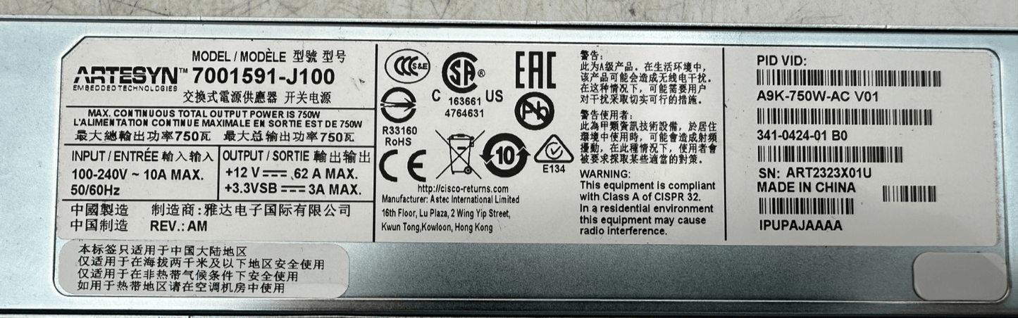 ARTESYN 7001591 - J100 A9K - 750W - AC V01 341 - 0424 - 01 B0 750W POWER SUPPLY - KLR Automation
