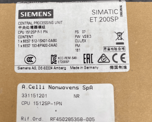 SIEMENS SIMATIC ET 200SP CPU 6ES7 512 - 1SK01 - 0AB0 + 6ES7 193 - 6PA00 - 0AA0 NEW - KLR Automation