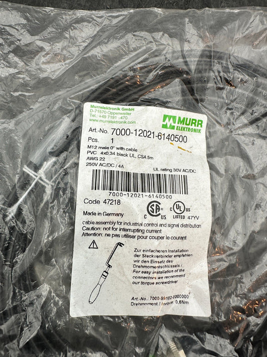MURR 7000 - 12021 - 6140500 M12 MALE 0° WITH CABLE 250V 4A - KLR Automation
