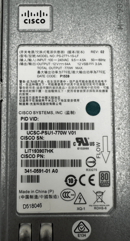 CISCO PS - 2771 - 1S - LF UCSC - PSU1 - 770W V01 341 - 0591 - 01 A0 POWER SUPPLY - KLR Automation