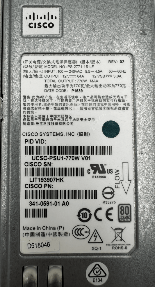 CISCO PS - 2771 - 1S - LF UCSC - PSU1 - 770W V01 341 - 0591 - 01 A0 POWER SUPPLY - KLR Automation