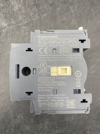 LOT DE 3 SOCOMEC INTERRUPTEUR SECTIONNEUR SIRCO 3P 20A 22003001+ 22001003 - KLR Automation