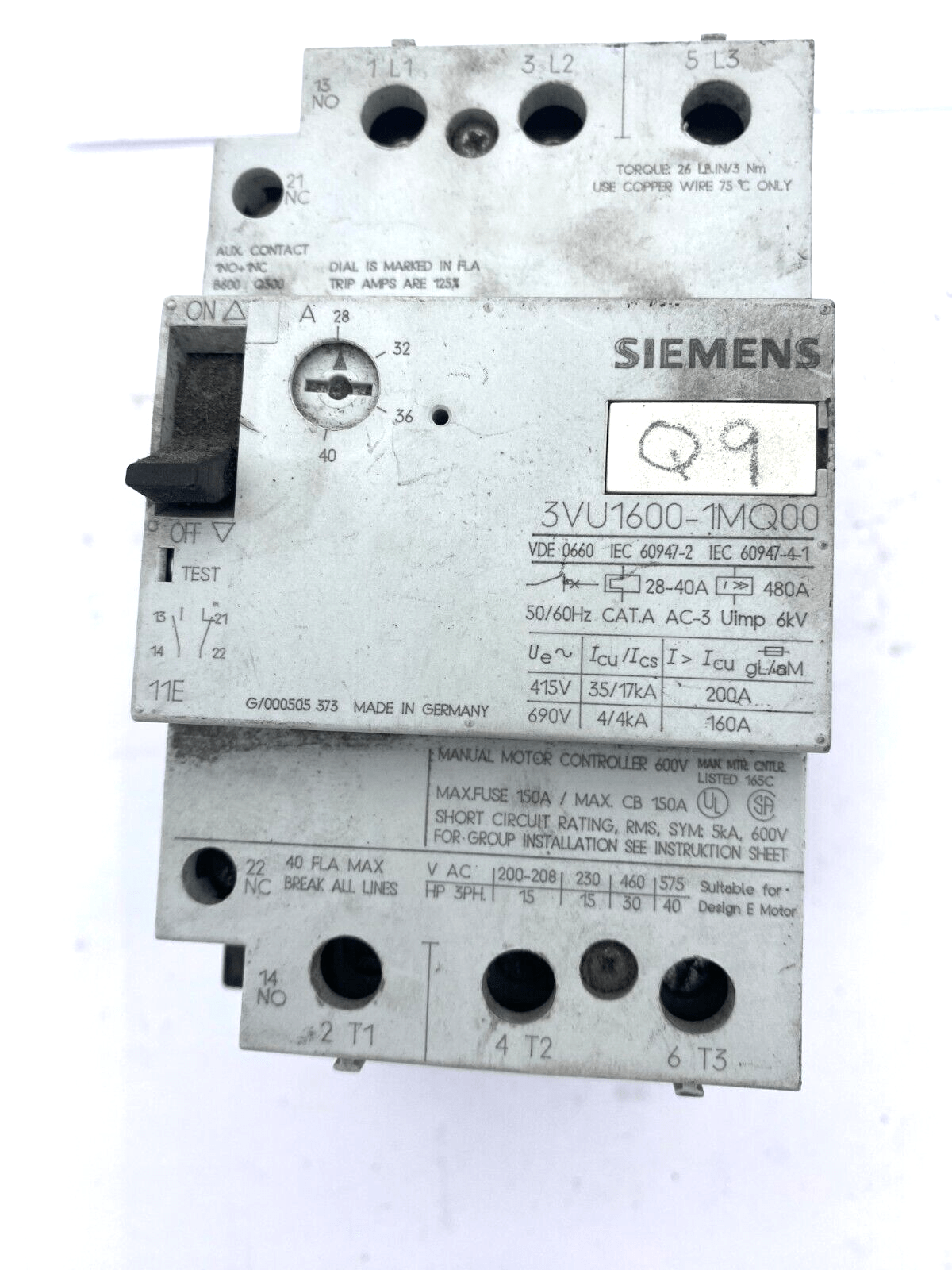 1pc x SIEMENS 3VU1600 - 1MQ00 CIRCUIT BREAKER - KLR Automation