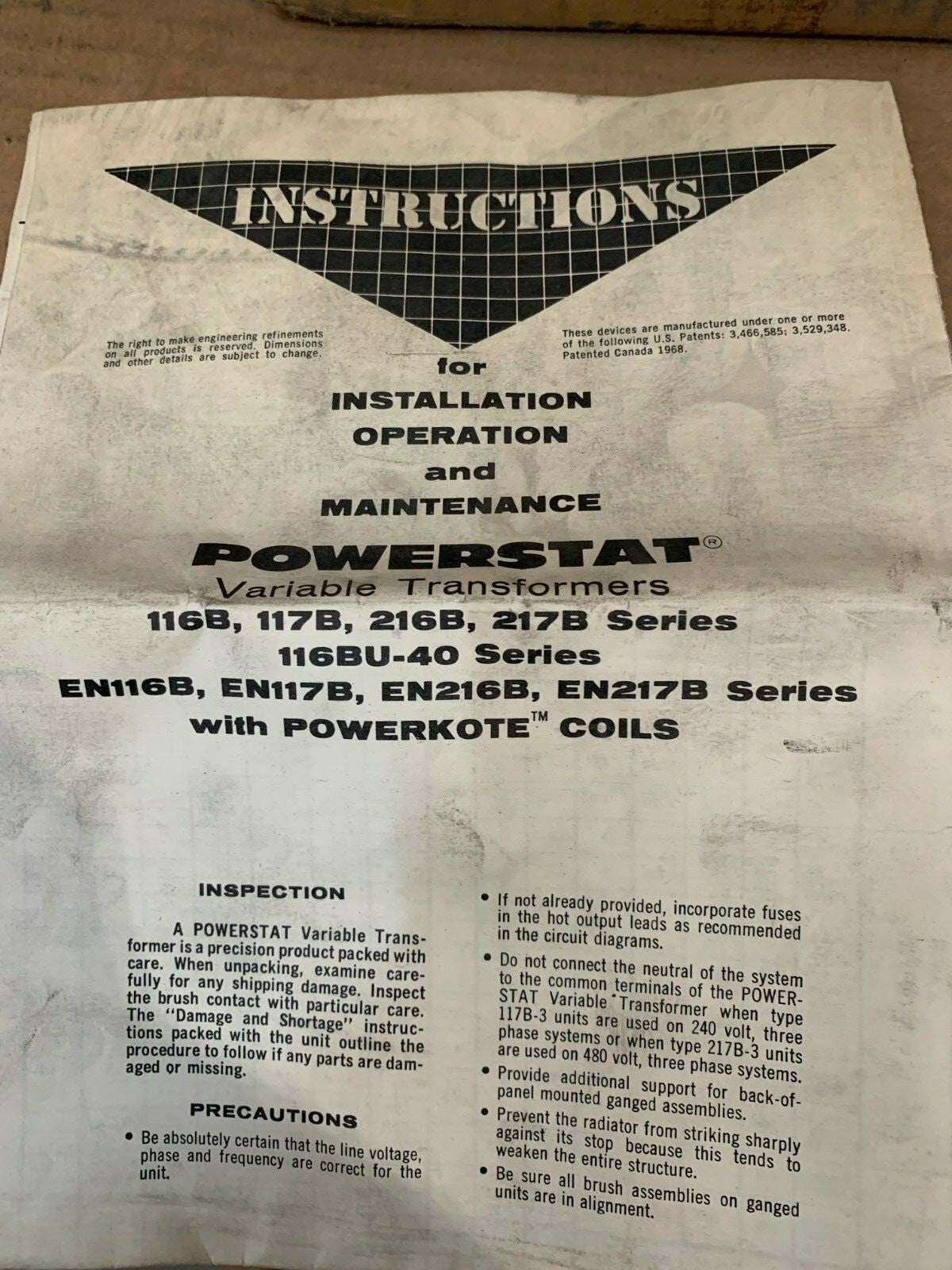 SUPERIOR ELECTRIC POWERSTAT VARIABLE TRANSFORMER New Old Stock