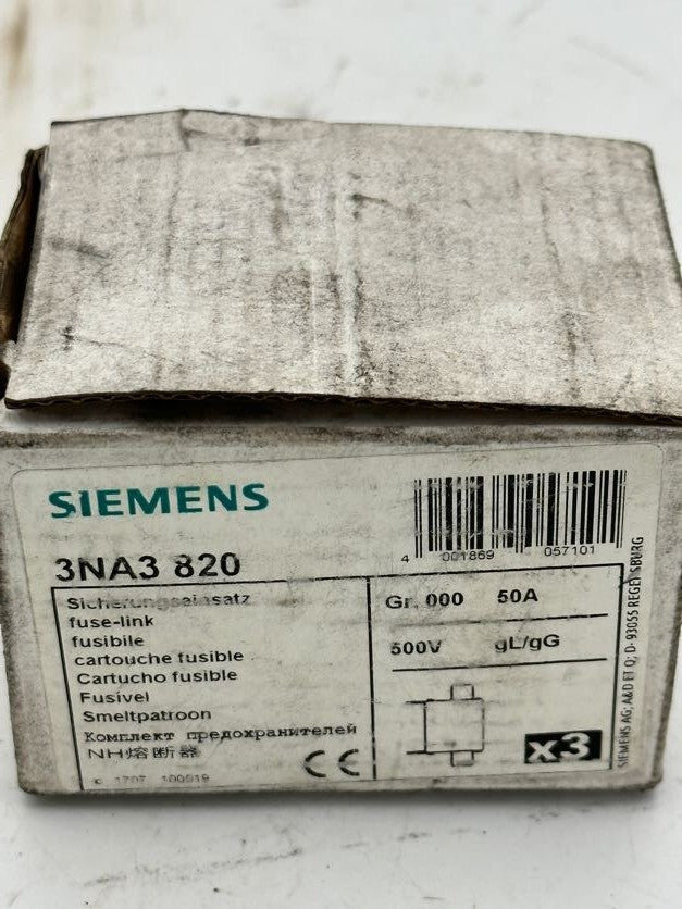 3 pce x SIEMENS CARTOUCHE FUSIBLE 3NA3 820 50A / 500v