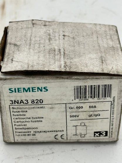 3 pce x SIEMENS CARTOUCHE FUSIBLE 3NA3 820 50A / 500v