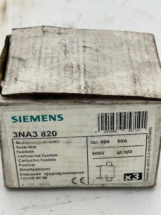 3 pce x SIEMENS CARTOUCHE FUSIBLE 3NA3 820 50A / 500v