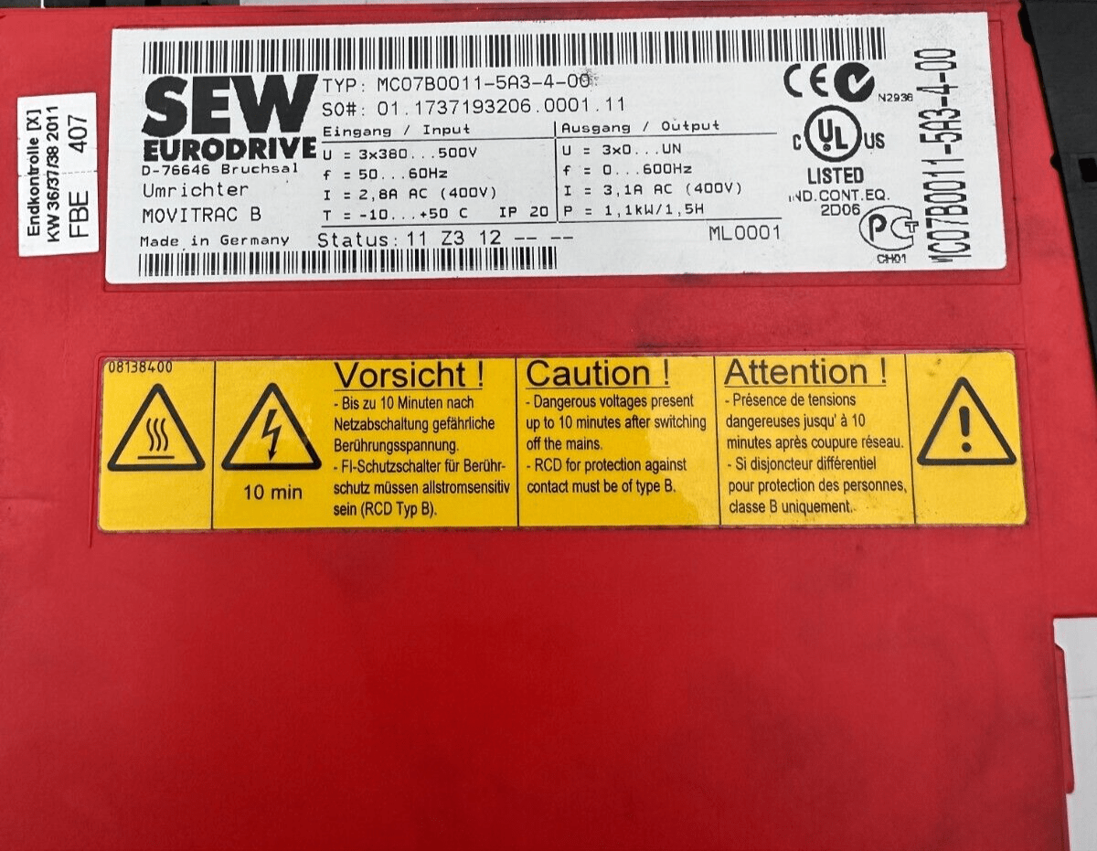 SEW EURODRIVE MC07B0011 - 5A3 - 4 - 00 MOVITRAC B + MODULE FBG11B - KLR Automation