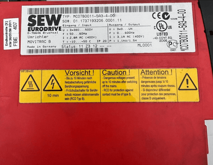 SEW EURODRIVE MC07B0011 - 5A3 - 4 - 00 MOVITRAC B + MODULE FBG11B - KLR Automation