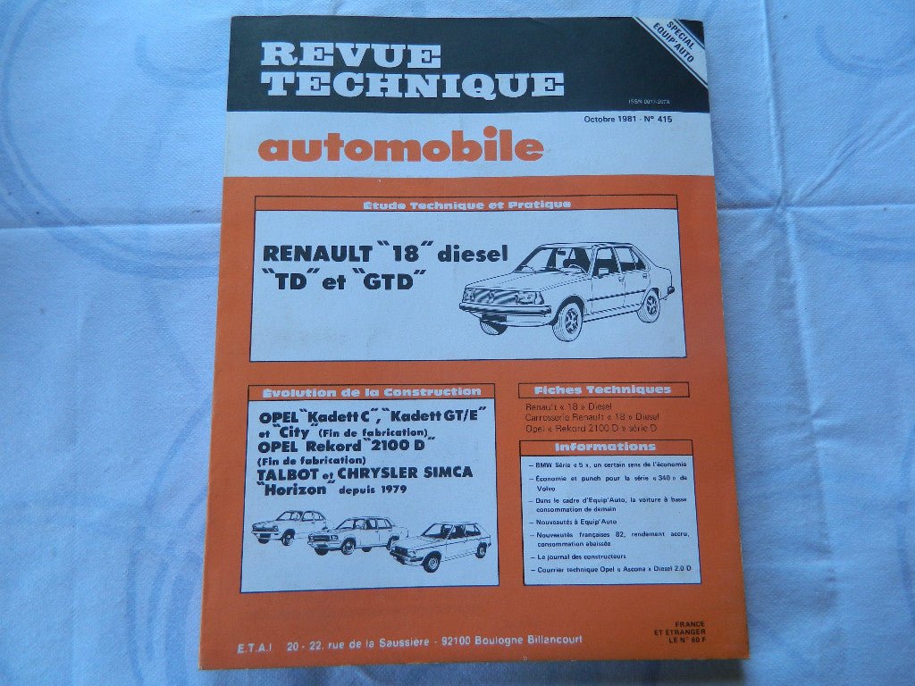 RTA revue technique automobile etat comme neuf RENAULT 18 D - TD - GTD n 415 - KLR Automation