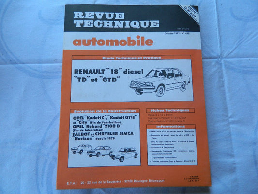 RTA revue technique automobile etat comme neuf RENAULT 18 D - TD - GTD n 415 - KLR Automation