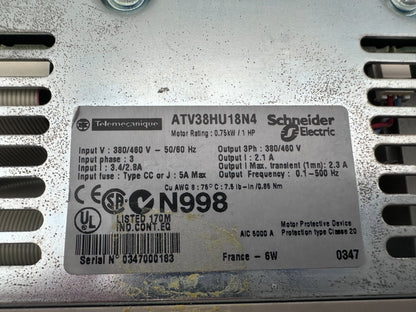 TELEMECANIQUE ATV38HU18N4 ALTIVAR 38 0.75kW 1HP VARIATEUR DE FREQUENCE - KLR Automation