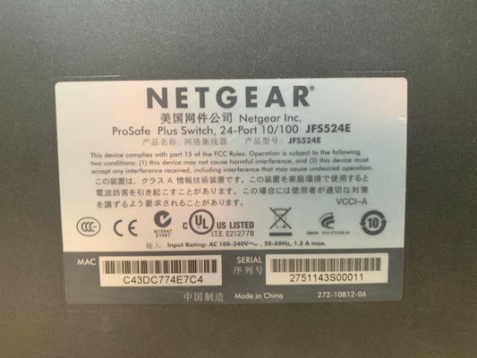 NETGEAR Prosafe Plus Switch 24-port Fast Ethernet JFS524E