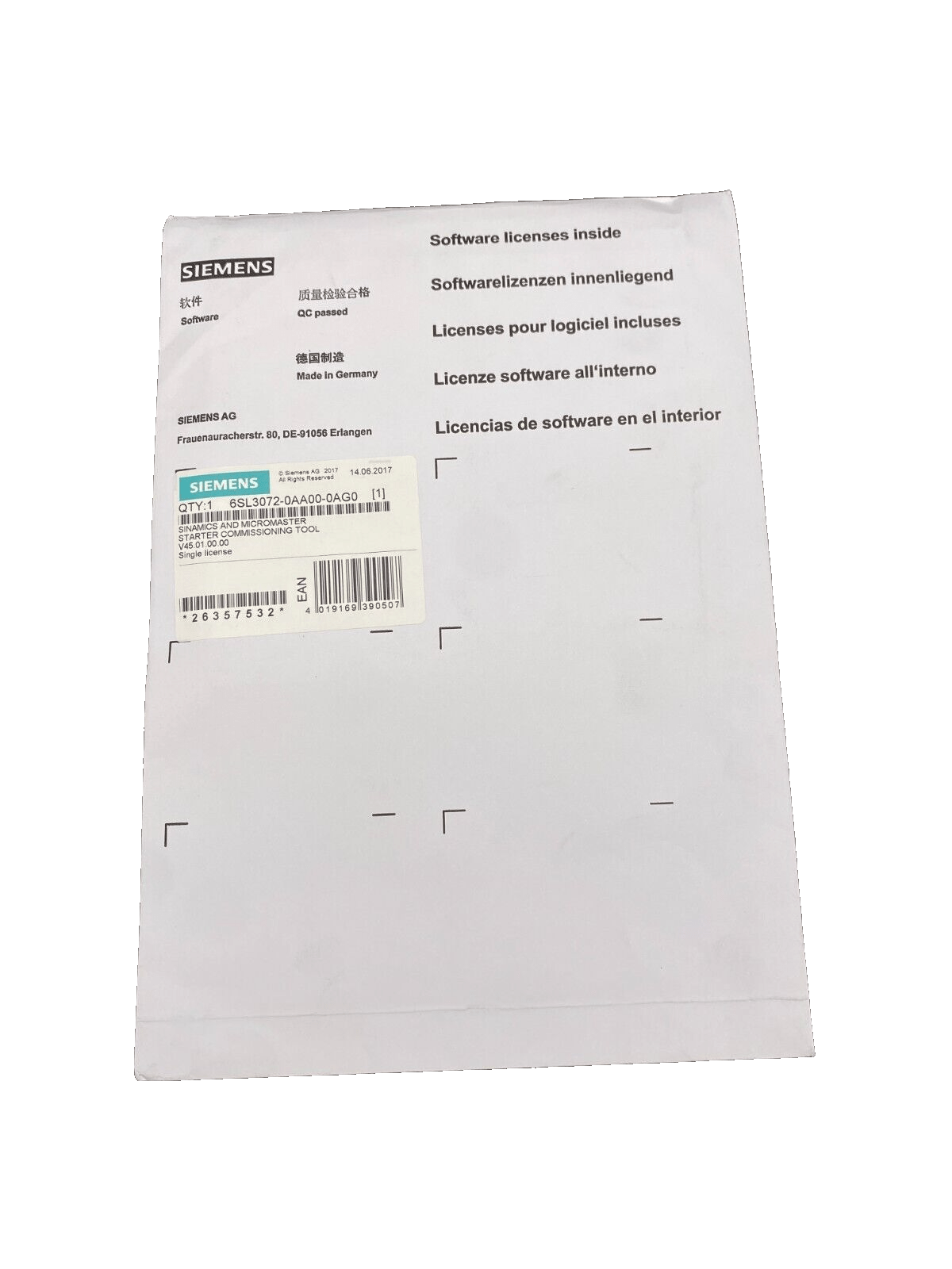 SIEMENS 6SL3072 - 0AA00 - 0AG0 SINGLE LICENSE V45.01.00.00 SINAMICS MICROMASTER - KLR Automation