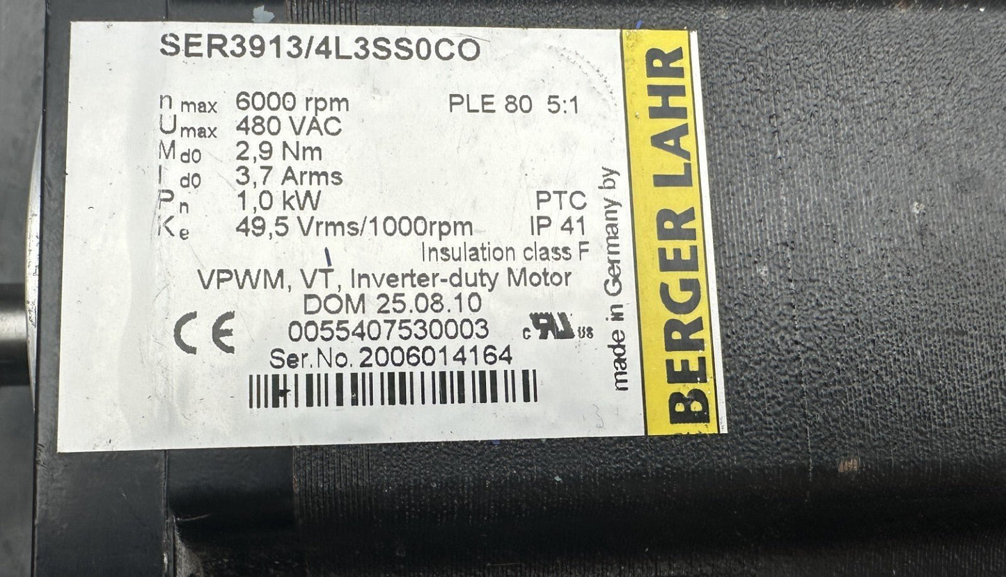 BERGER LAHR SER3913/4L3SS0CO 1.0kW 6000 RPM 480 VAC 2.9 Nm SERVO MOTOR - KLR Automation